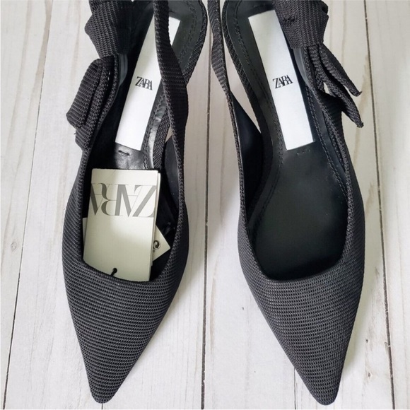 Zara black slingback kitten heel pumps pointed toe textured material bow detail - Picture 2 of 6